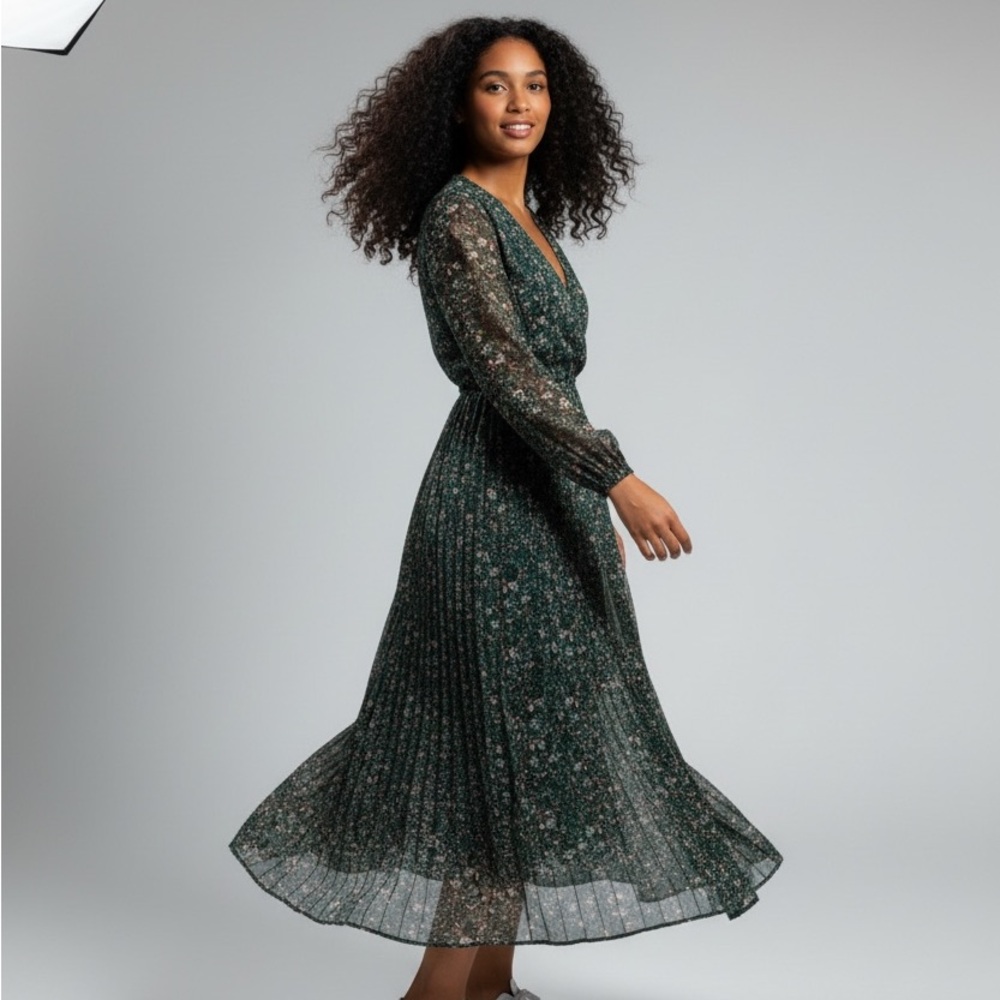 M Green Floral Long Sleeve Maxi Dress Boho Flowy